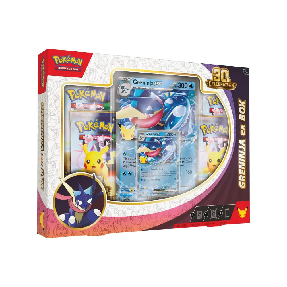 Cutia Pokémon 30th Celebration Greninja ex Box, sigilată, cu artwork-ul principal ce îl prezintă pe Greninja într-o postură dinamică, pe un fundal întunecat.