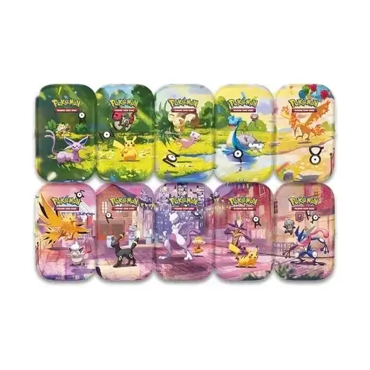 Grup de mini tin-uri metalice Pokémon 30th Celebration, afișând diversele design-uri cu Pokémoni iconici precum Pikachu și Charizard, aranjate pe un fundal alb.