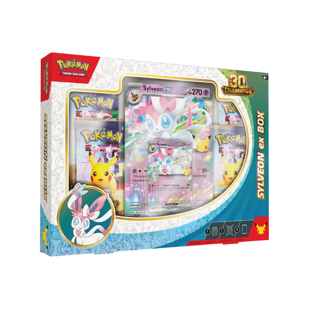 Cutia Pokémon 30th Celebration Sylveon ex Box, sigilată, cu design vibrant ce îl prezintă pe Sylveon ex în prim-plan, alături de logo-ul aniversar Pokémon 30th Celebration.