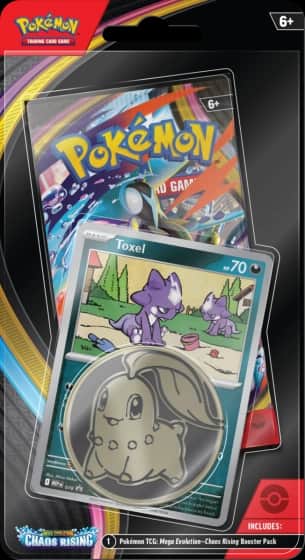 Ambalajul complet al Pokémon TCG Chaos Rising Checklane Blister, afișând cartea promo holografică, pachetul booster și moneda de colecție prin fereastra transparentă.