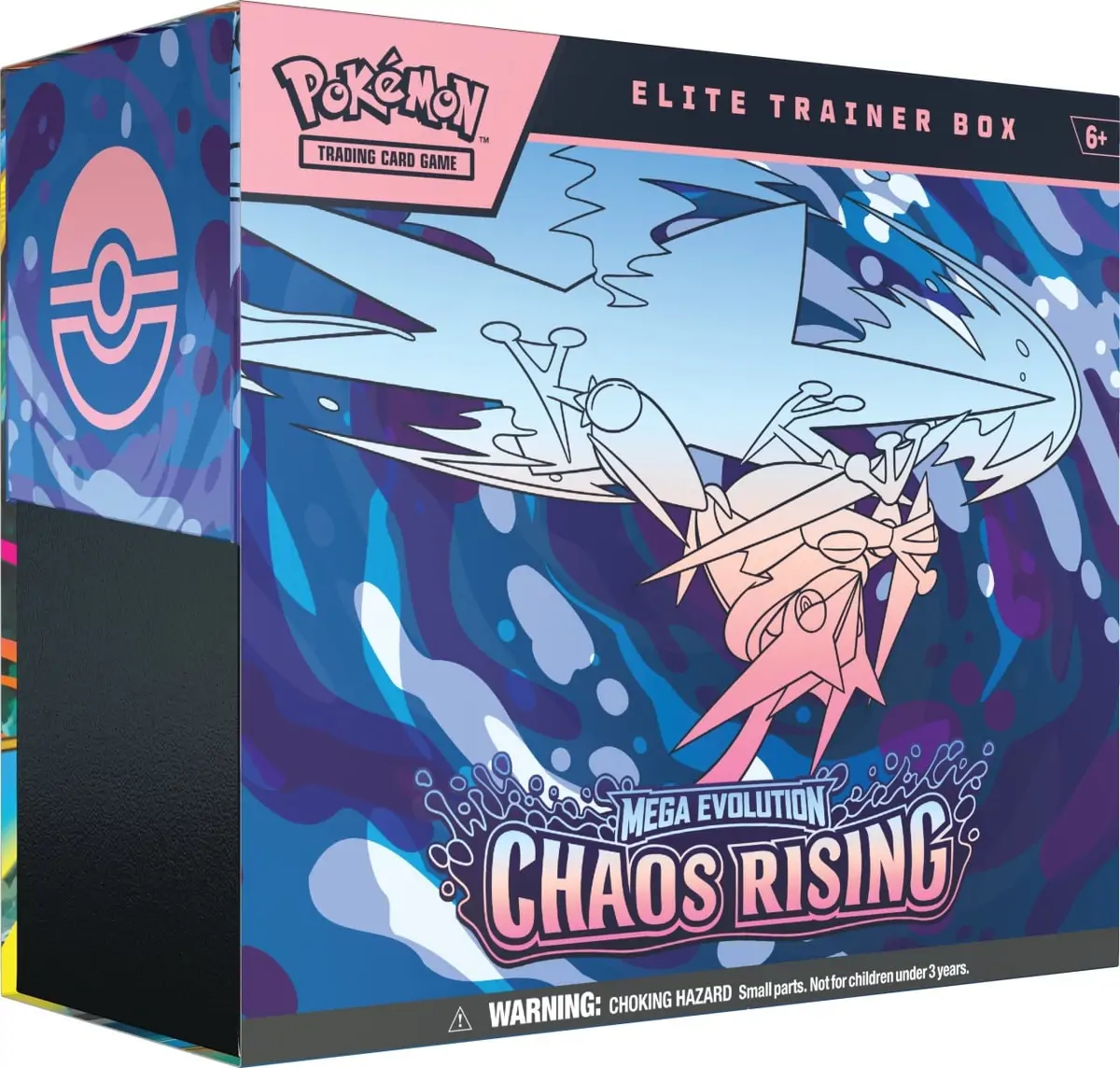 Cutia Pokémon Chaos Rising Elite Trainer Box, sigilată, cu o ilustrație dinamică a lui Mega Greninja ex pe un fundal întunecat.