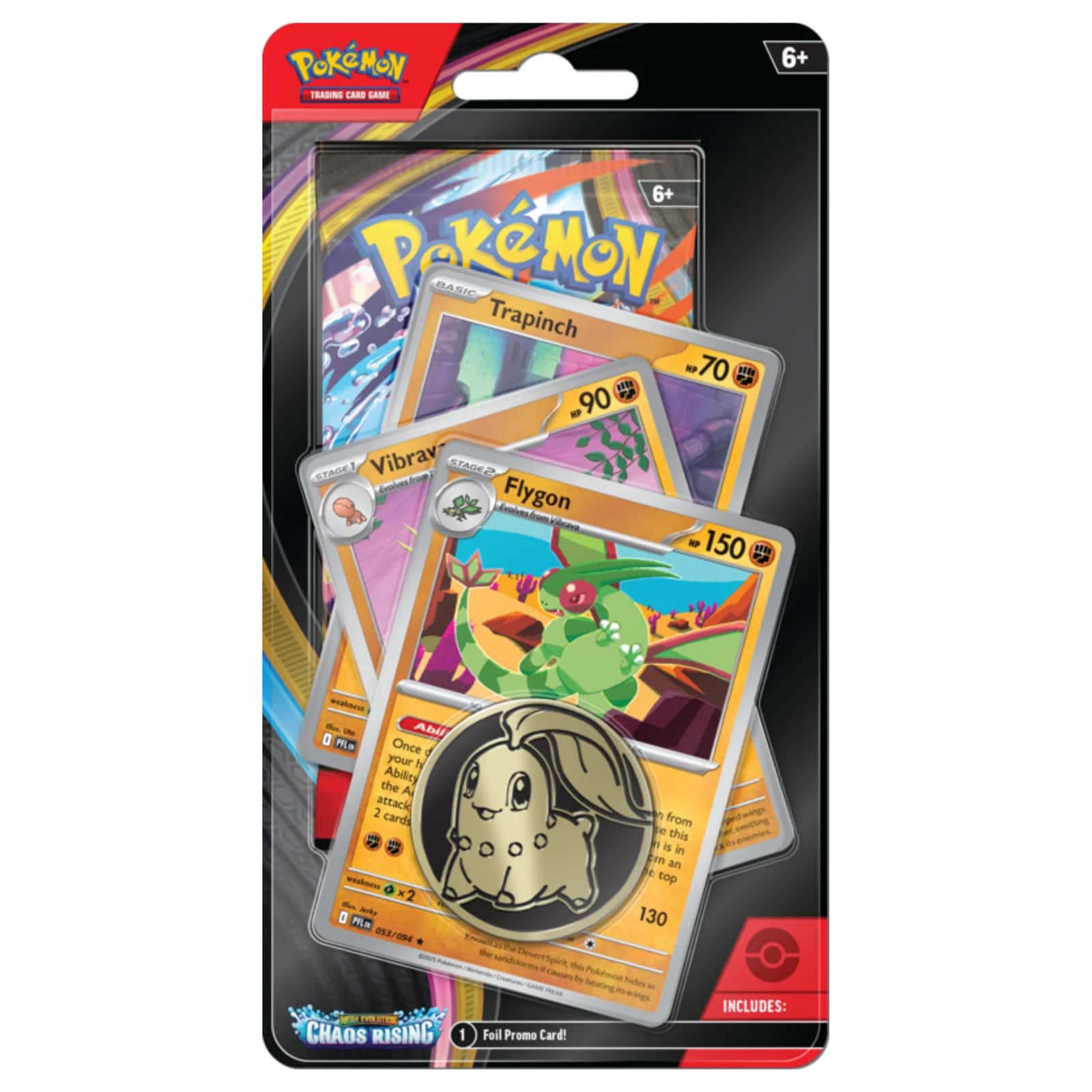Vedere frontală a blisterului Pokémon TCG Chaos Rising Premium Checklane, arătând ambalajul complet cu cele trei cărți promo foil ale liniei evolutive Greninja, pachetul booster Chaos Rising și moneda metalică de colecție.
