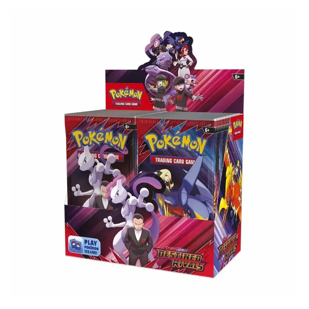 Cutie sigilată Pokemon TCG Destined Rivals Booster Box, cu ilustrația principală a expansiunii pe partea frontală.