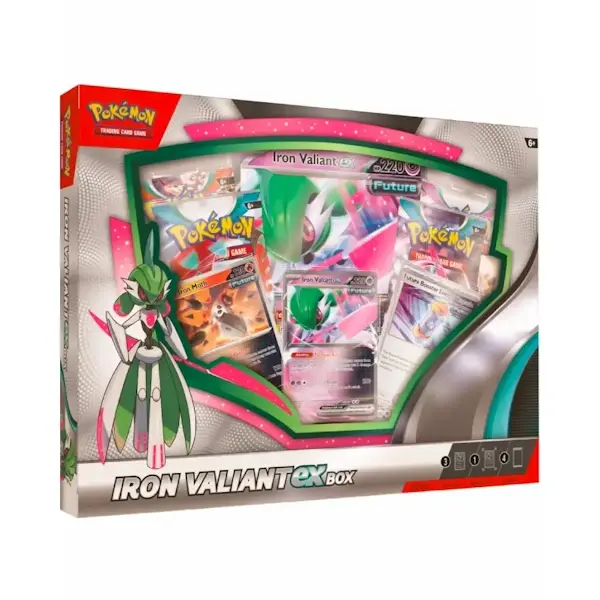 Prezentarea completă a conținutului cutiei Pokémon TCG Iron Valiant ex Box, afișând cartea promo foil Iron Valiant ex, cartea oversize, cartea Iron Moth, cartea Future Booster Energy Capsule și cele patru pachete booster Pokémon.