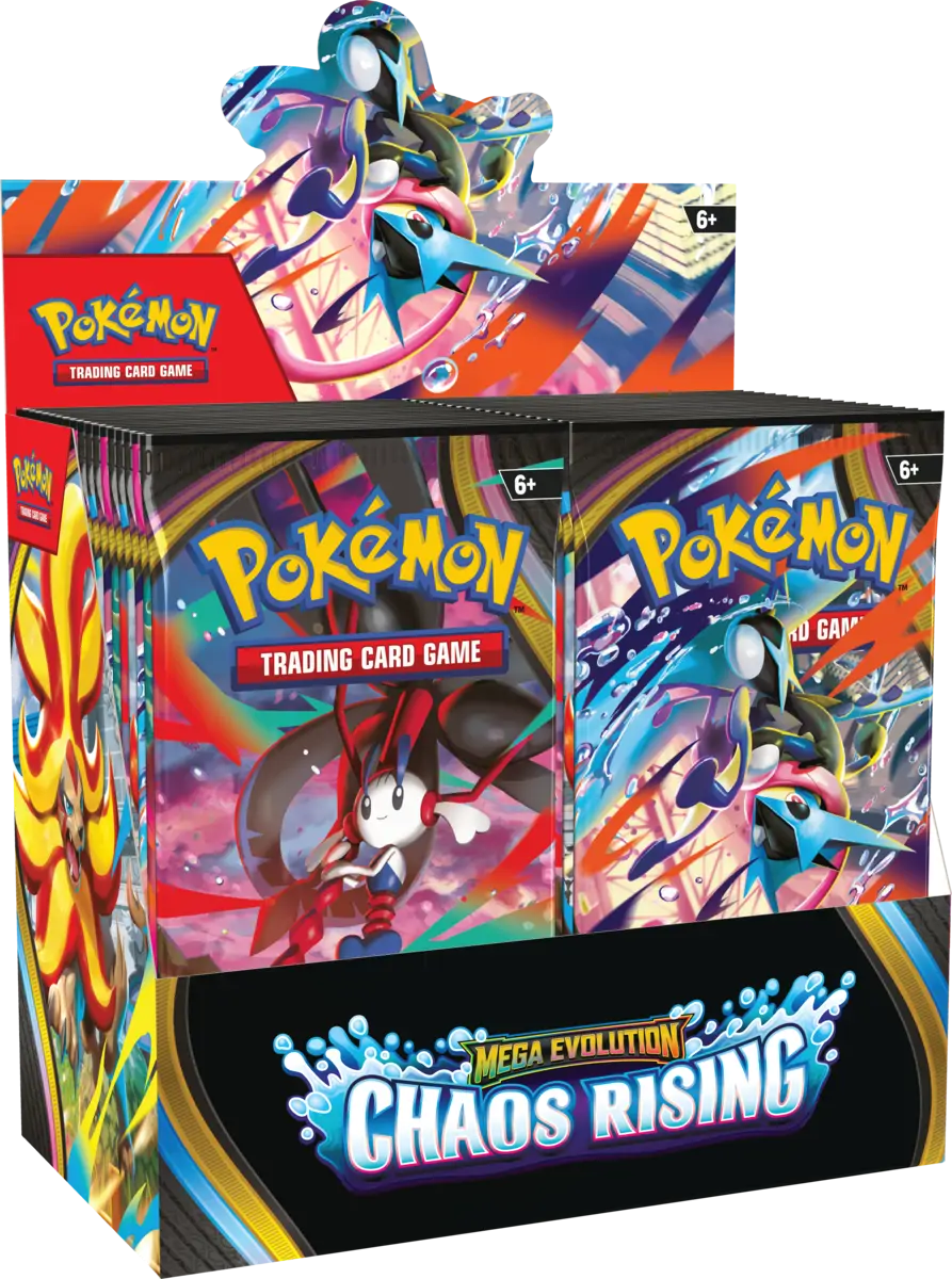 Cutia booster box Pokémon TCG Mega Evolution Chaos Rising, privită din față, cu ilustrația principală vibrantă a lui Mega Greninja ex în centrul atenției, înconjurat de o aură de energie.