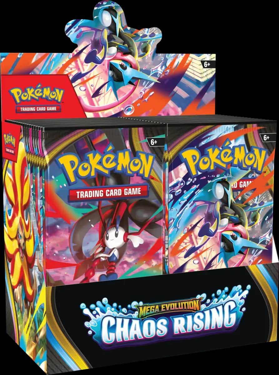 Cutia booster box Pokémon TCG Mega Evolution Chaos Rising, privită din față, cu ilustrația principală vibrantă a lui Mega Greninja ex în centrul atenției, înconjurat de o aură de energie.