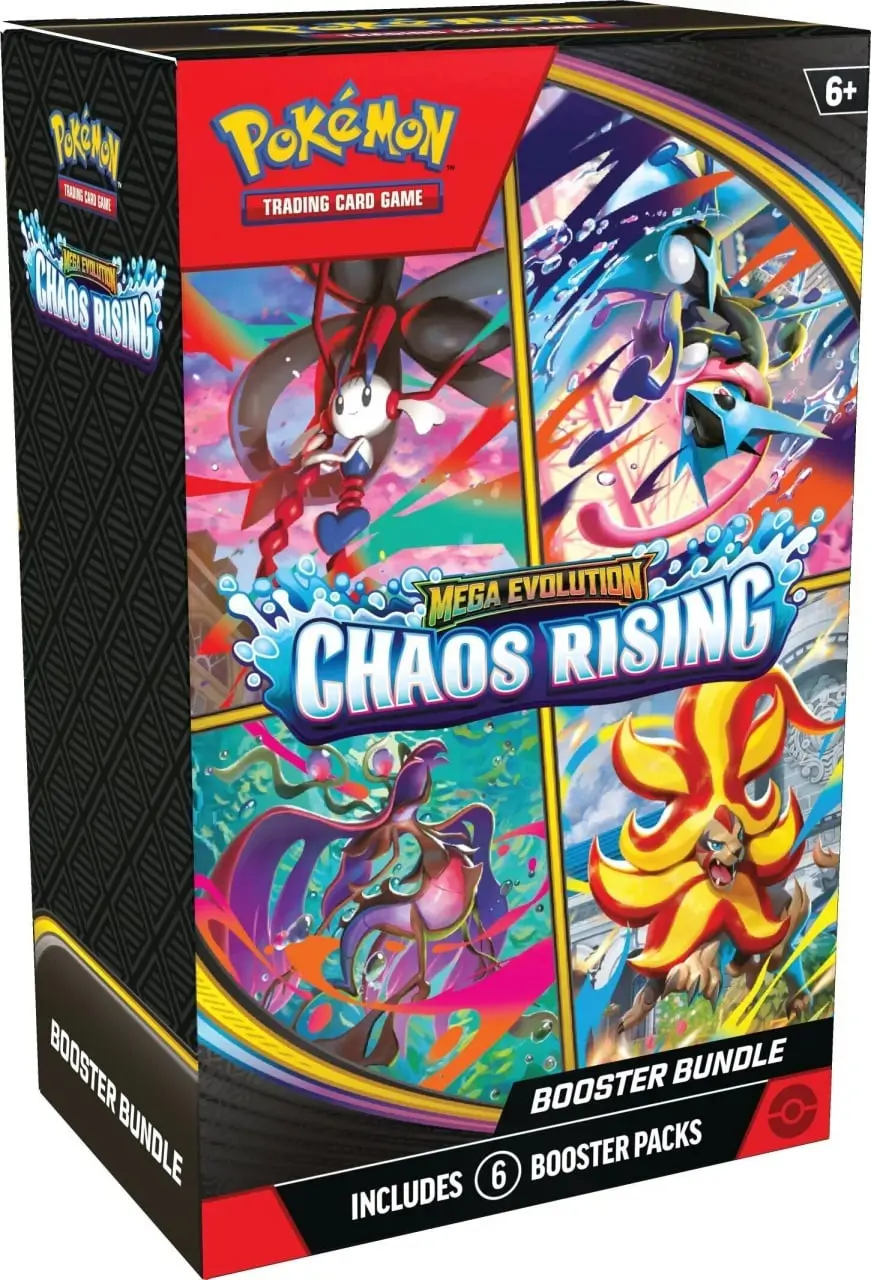 Cutia sigilată a produsului Pokémon Mega Evolution-Chaos Rising Booster Bundle, afișând ilustrația principală cu Mega Greninja ex într-o postură dinamică.