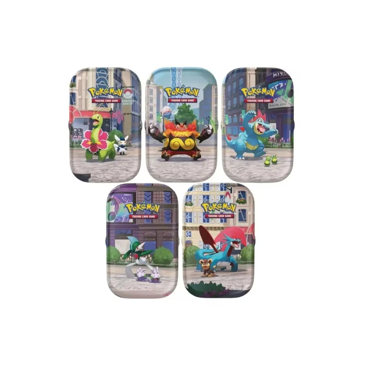Set de cinci mini tin-uri Pokémon TCG Lumiose City, aranjate pentru a afișa designul capacului fiecăruia, cu ilustrații vibrante ale orașului Kalos și tematica Mega Evolution.