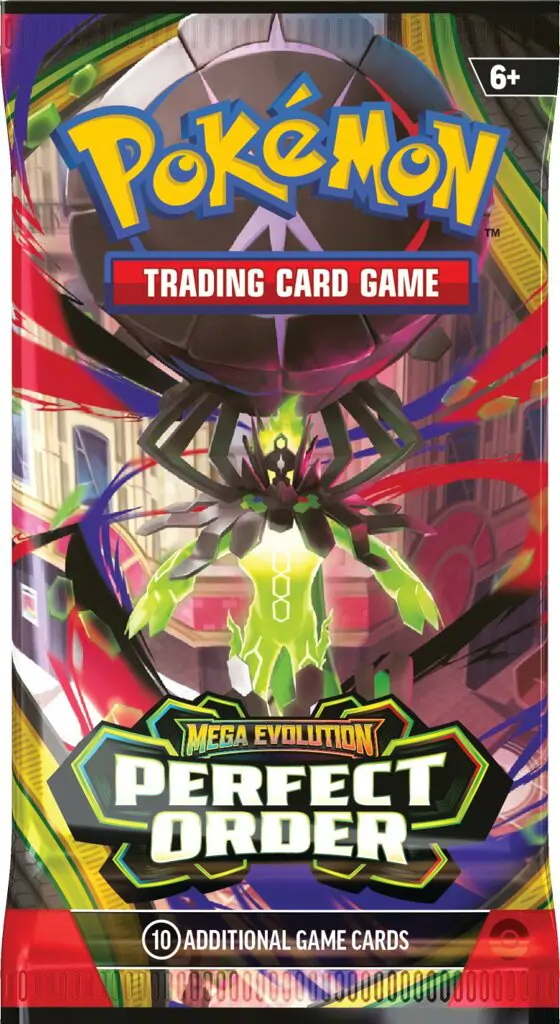 Booster Box Pokemon TCG Mega Evolution - Perfect Order, imagine din perspectivă, arătând designul lateral și superior al ambalajului.