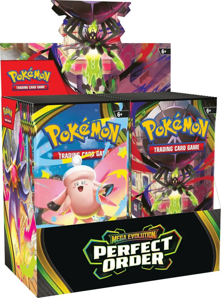 Cutie sigilată Pokemon TCG: Mega Evolution - Perfect Order Booster Display, vedere frontală, prezentând artwork-ul oficial al expansiunii.
