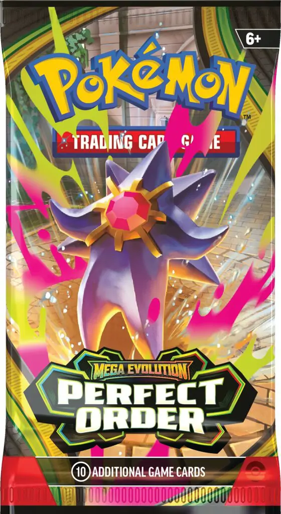Cutie deschisă de Pokemon TCG Mega Evolution - Perfect Order, cu câteva dintre cele 36 de pachete booster vizibile în interior, gata de deschis.
