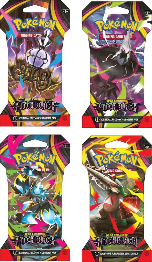 Vedere frontală a unui pachet booster Pokémon TCG Mega Evolution Pitch Black, sigilat în ambalajul său de carton (sleeved), prezentând artwork-ul oficial al expansiunii.