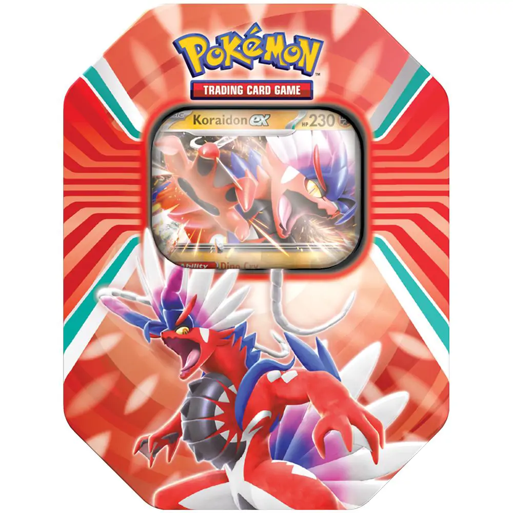 Cutie metalică Pokémon TCG Paldea Legends Tin, cu o ilustrație vibrantă a Pokémonului Legendar Koraidon pe capac, pe un fundal roșu și portocaliu.