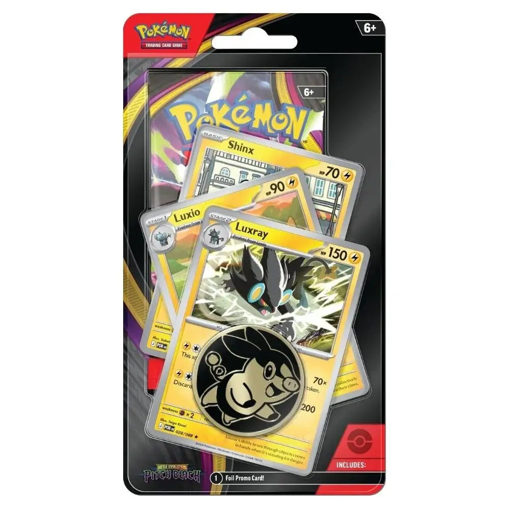 Prim-plan pe blisterul Pokémon TCG Pitch Black Checklane cu Gengar, arătând cele trei cărți promoționale cu linia sa evolutivă, pachetul booster și moneda.