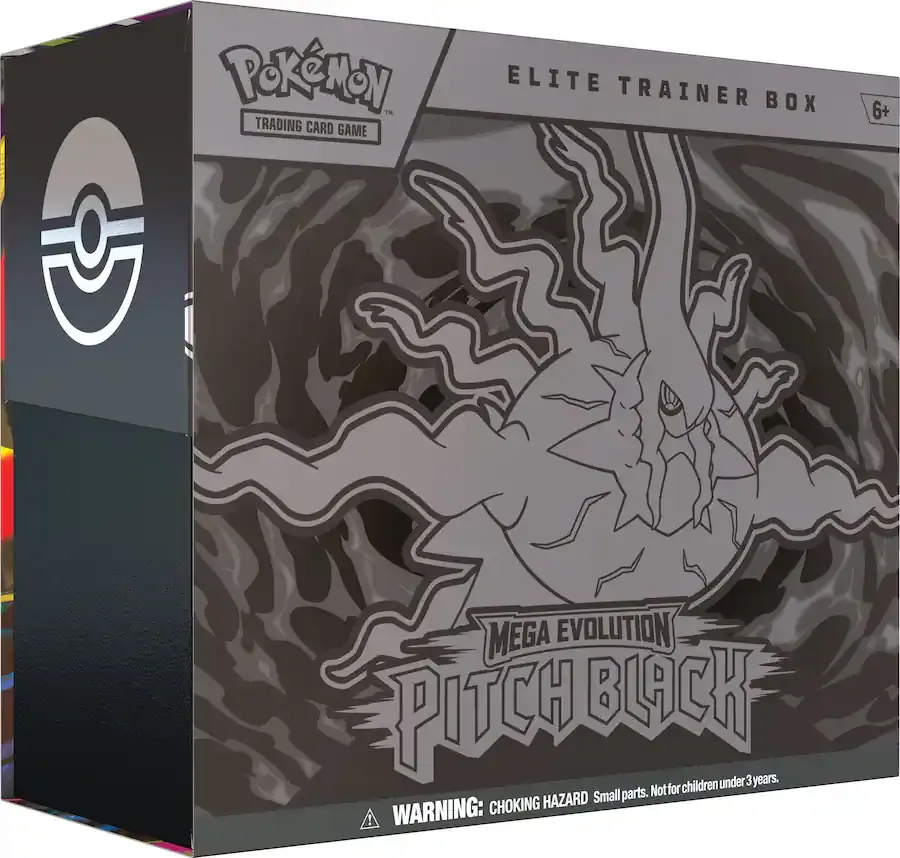 Cutia sigilată a produsului Pokémon TCG: Pitch Black Elite Trainer Box, prezentând designul exterior tematic și logo-ul oficial al expansiunii.