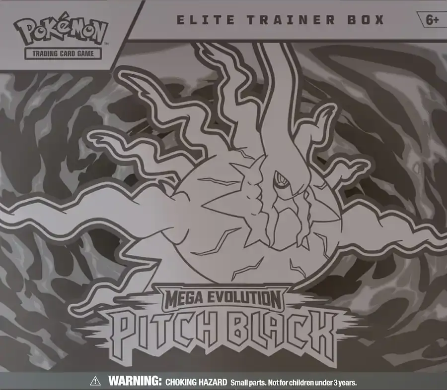 Conținutul complet al Pokémon Pitch Black Elite Trainer Box, aranjat pentru a afișa cele 9 pachete booster, foliile de protecție, zarurile, cărțile de energie și ghidul jucătorului.