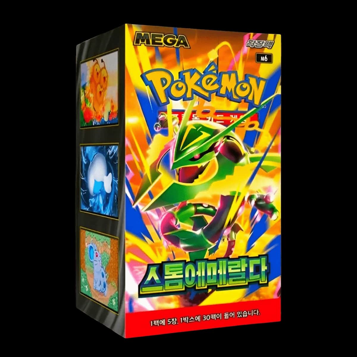 Cutia sigilată a booster box-ului Pokemon Storm Emeralda M6F, ediția coreeană, cu artwork-ul principal vizibil pe partea din față.