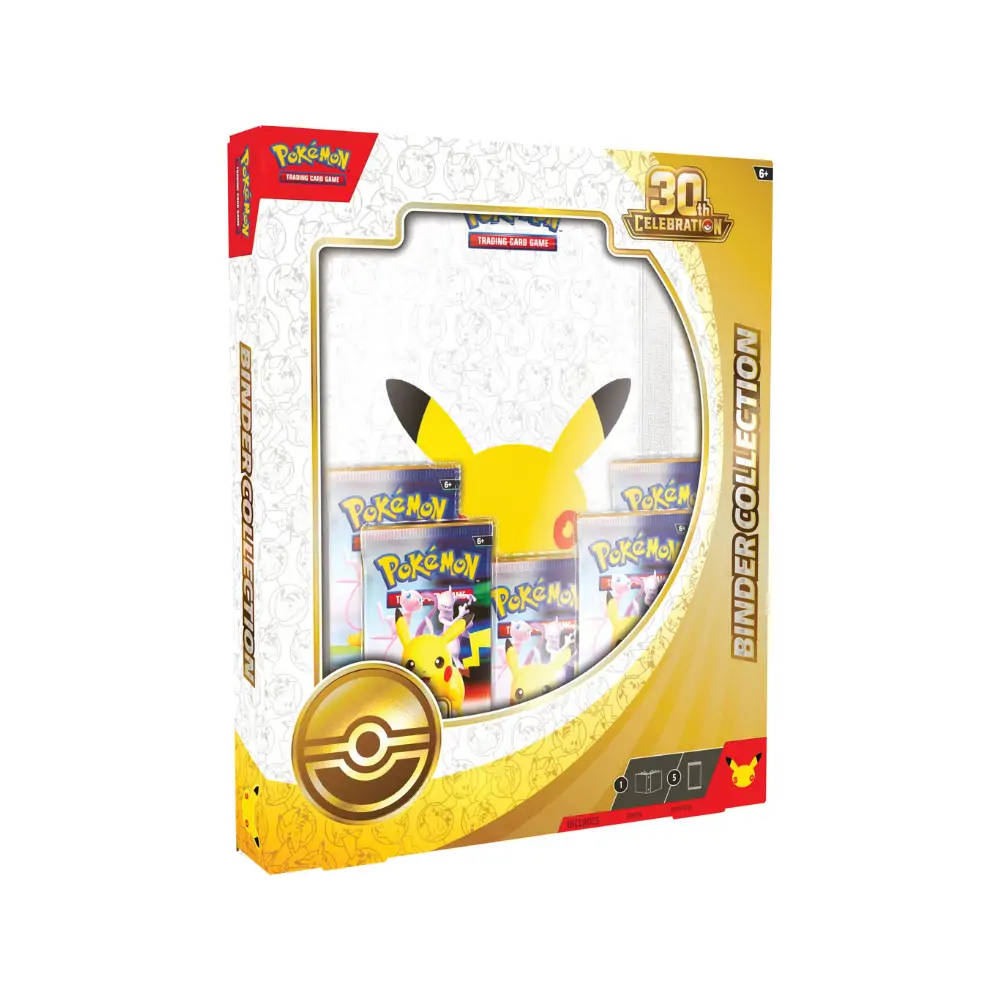 Cutia produsului Pokemon TCG 30th Celebration Binder Collection, afișând albumul argintiu cu logo-ul aniversar și cele cinci pachete booster vizibile prin ambalajul transparent.