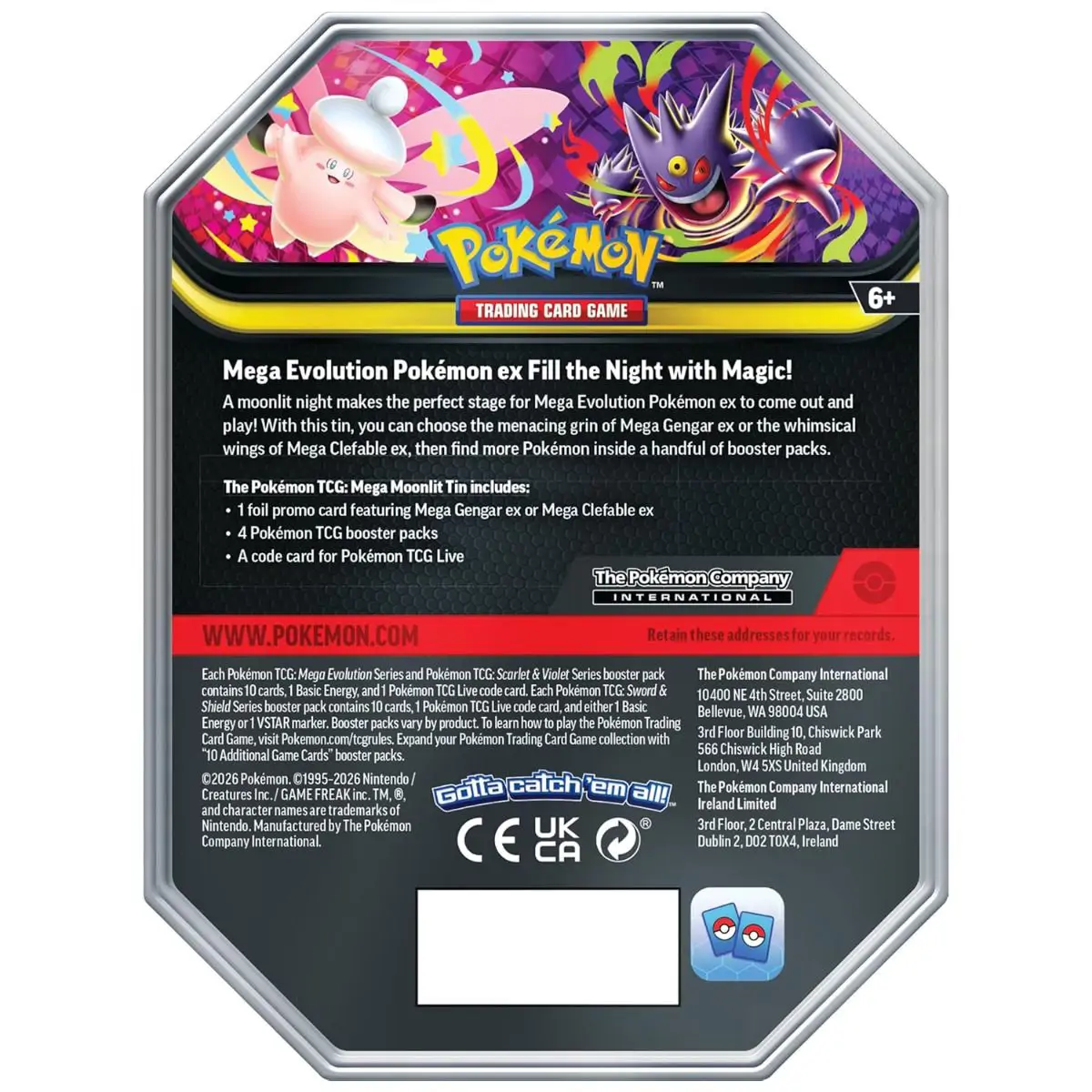 Conținutul cutiei metalice Pokémon Mega Moonlit Tin: cardul promoțional foil cu Mega Gengar ex, patru pachete booster Pokémon TCG și cardul cu cod pentru jocul online.