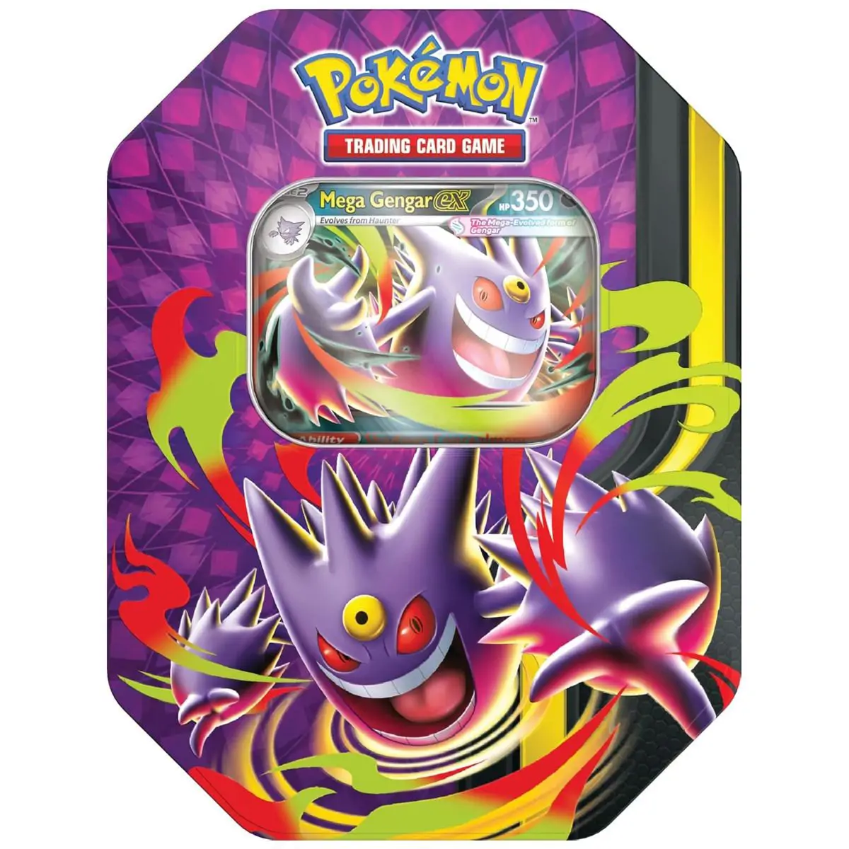 Cutie metalică Pokémon TCG Mega Moonlit Tin, cu o ilustrație vibrantă a lui Mega Gengar ex pe un fundal întunecat, luminat de lună.