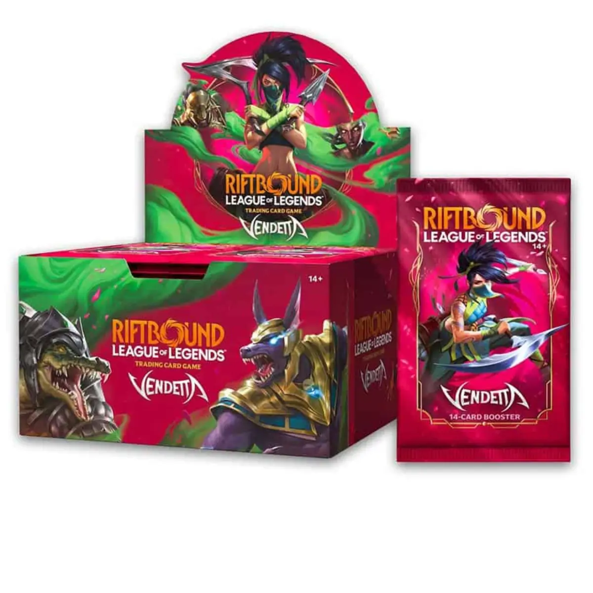 Cutia sigilată a unui booster display Riftbound: League of Legends TCG - Vendetta, prezentând artwork-ul principal cu campioni iconici în conflict.