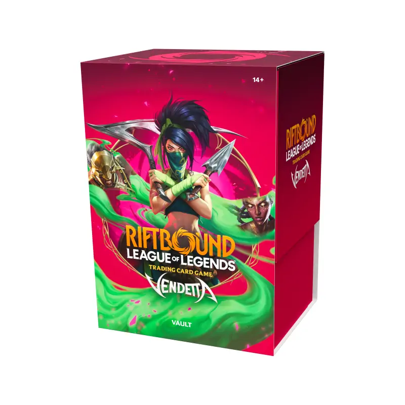 Cutia de stocare Riftbound: League of Legends TCG - Vendetta Vault, prezentată frontal, cu ilustrații vibrante din universul League of Legends și logo-ul expansiunii Vendetta.