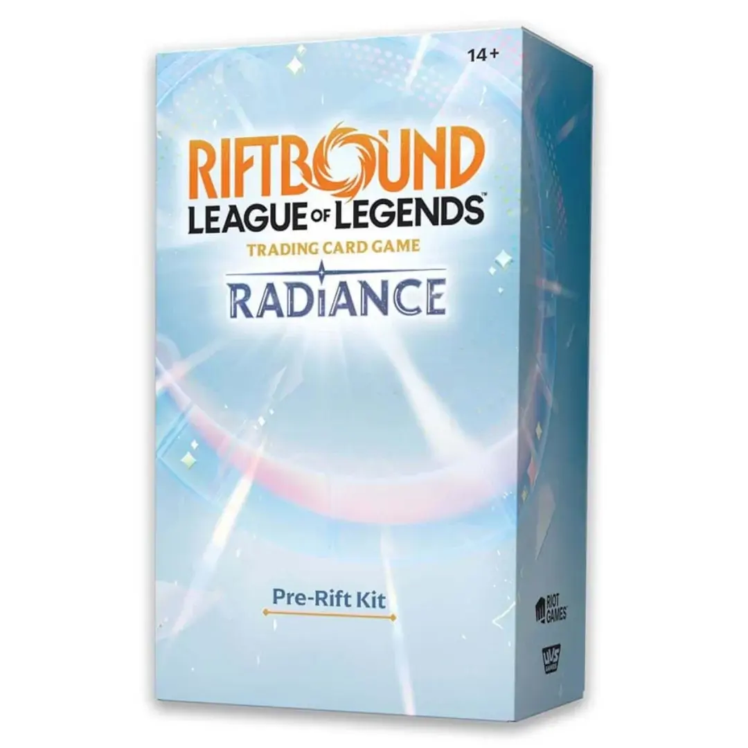 Cutia principală a kitului de eveniment Riftbound: League of Legends - Radiance Pre-Rift, afișând grafica oficială și logo-urile pe un fundal vibrant.