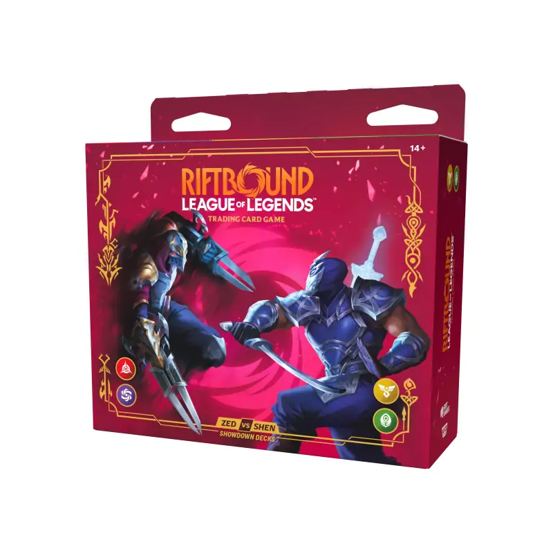 Cutia produsului Riftbound: League of Legends TCG - Champion Deck Showdown, cu o ilustrație dinamică a lui Zed și Shen în luptă.