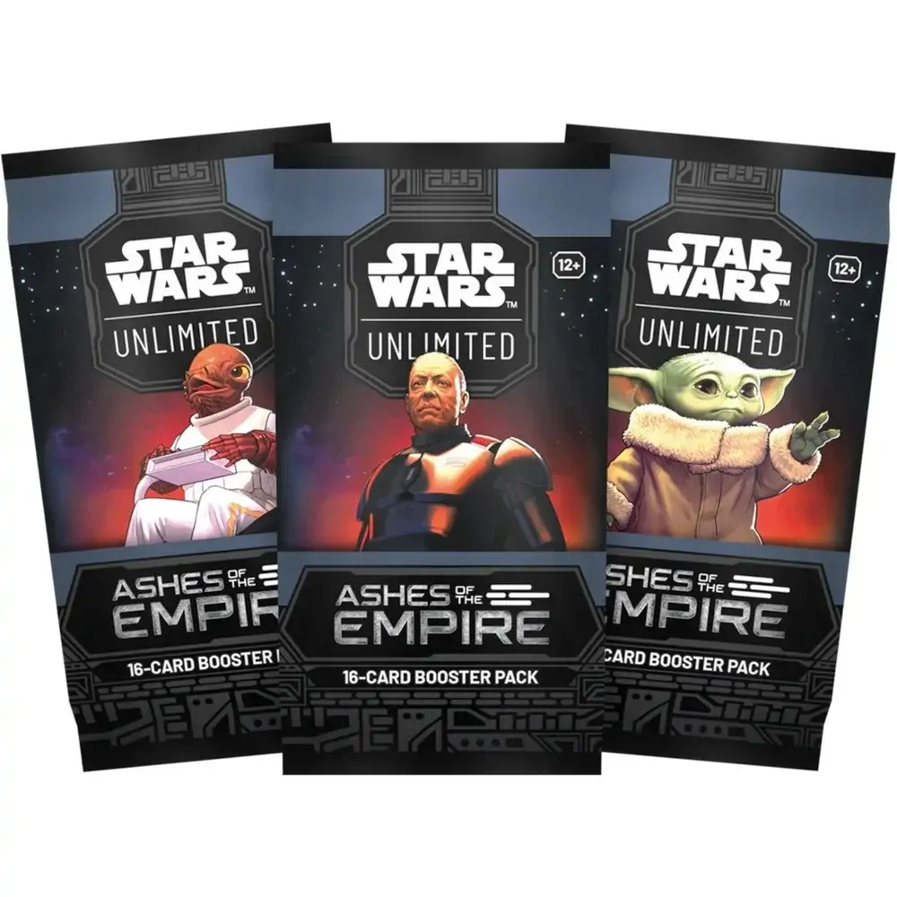 Booster box-ul Star Wars: Unlimited - Ashes of the Empire văzut dintr-un unghi, evidențiind designul lateral și grosimea cutiei.