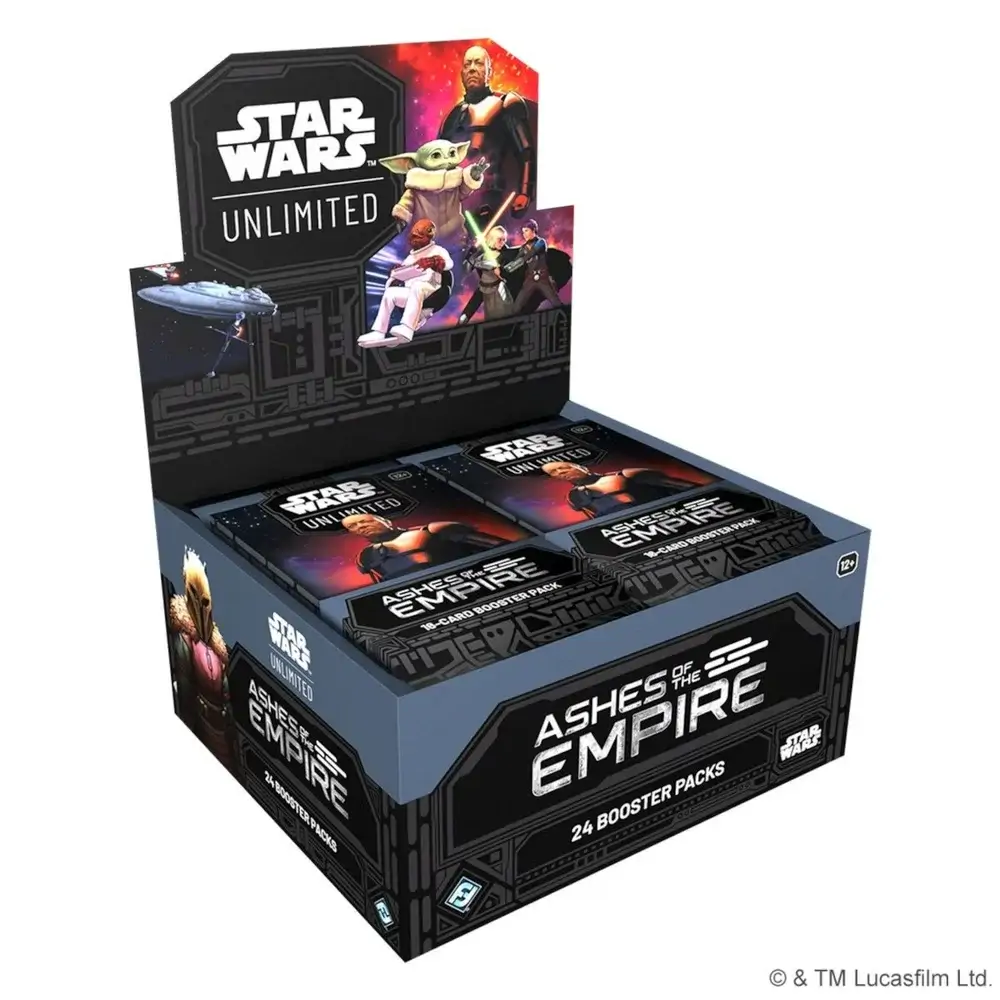 Cutie booster box sigilată Star Wars: Unlimited - Ashes of the Empire, cu ilustrația principală a setului pe partea frontală.