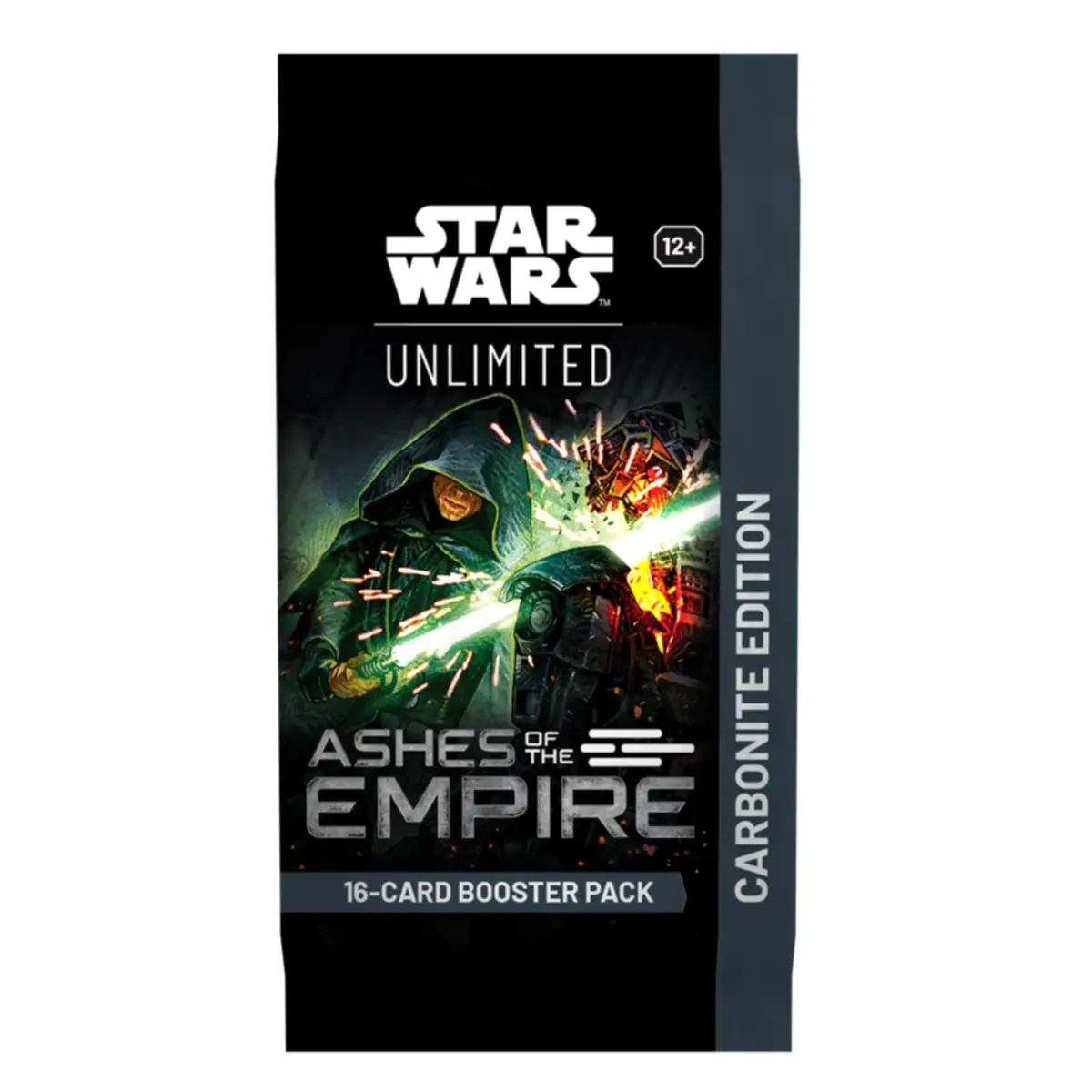 Imagine de detaliu cu interiorul cutiei Star Wars: Unlimited - Ashes of the Empire Carbonite Booster Display, arătând cele 12 pachete booster Carbonite aranjate ordonat.