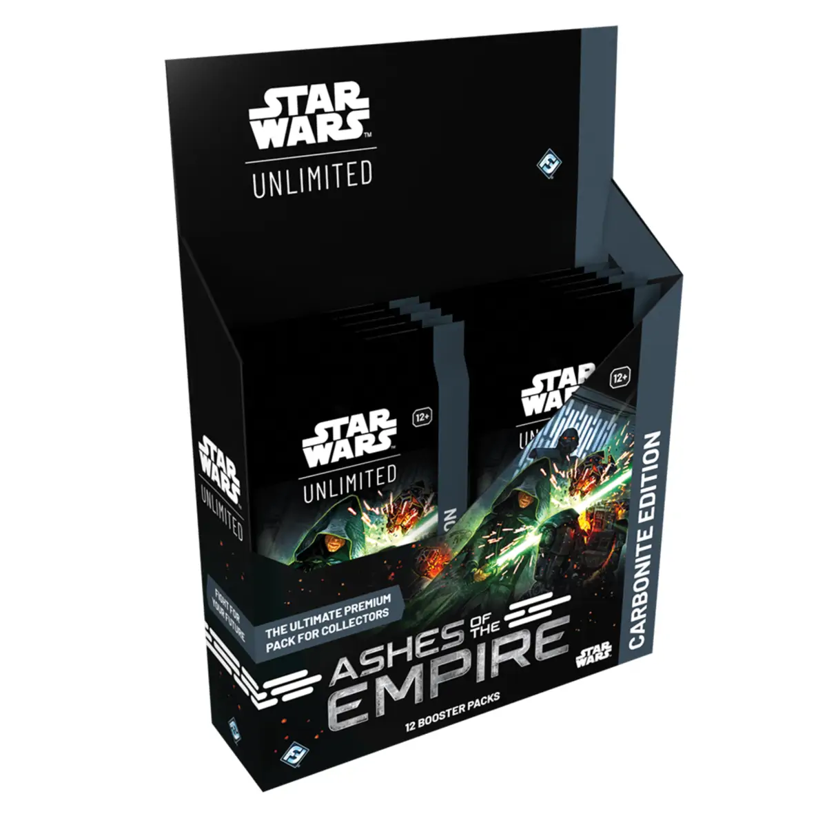 Cutia sigilată a produsului Star Wars: Unlimited - Ashes of the Empire Carbonite Booster Display, prezentând grafica setului cu personaje iconice Star Wars pe un fundal întunecat.