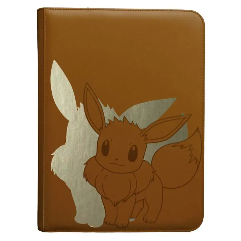 Coperta frontală a albumului Ultra Pro Elite Series Eevee, realizată din piele ecologică maro, cu un design Eevee embosat și detalii aurii strălucitoare.