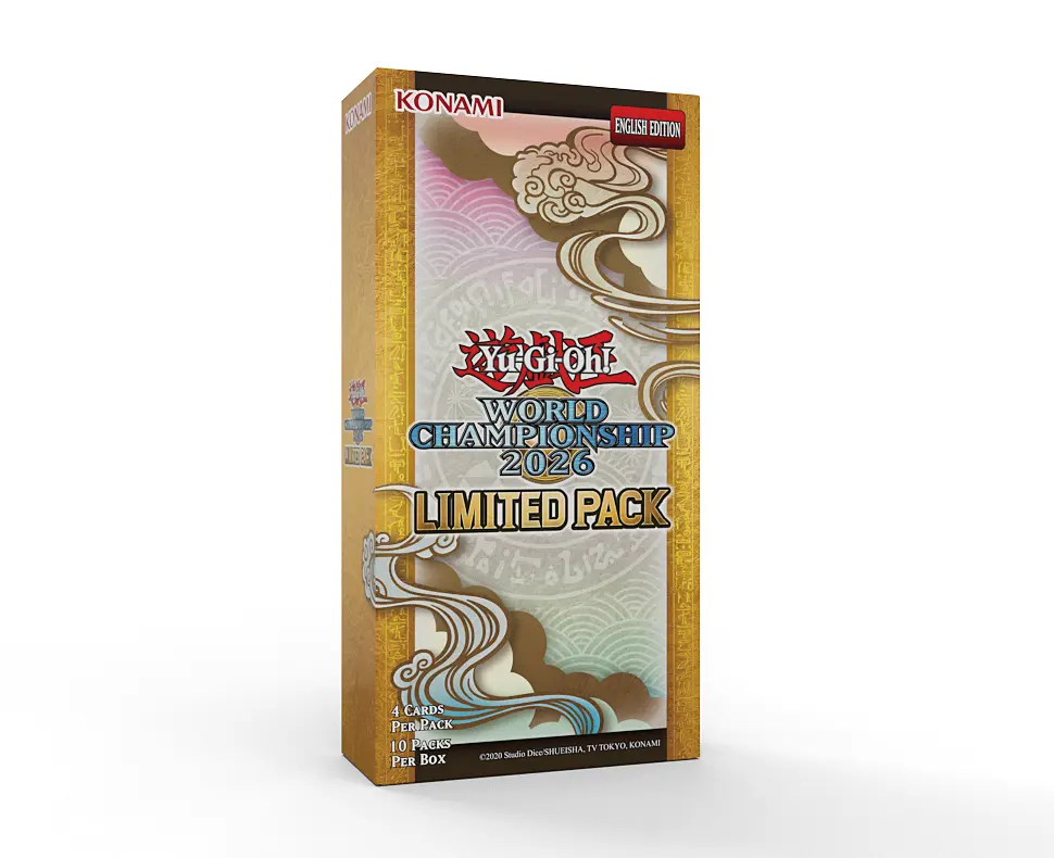 Cutie booster box Yu-Gi-Oh! World Championship 2026 Limited Pack, sigilată, cu artwork-ul oficial al campionatului și logo-ul Konami 2