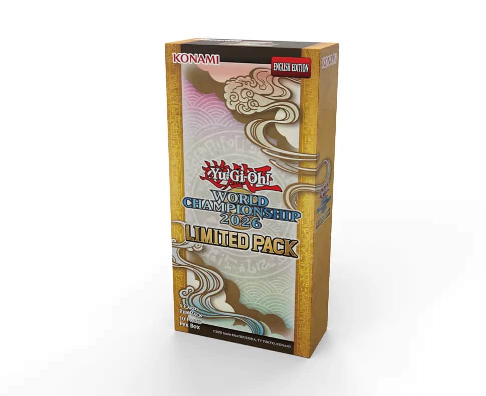 Cutie booster box Yu-Gi-Oh! World Championship 2026 Limited Pack, sigilată, cu artwork-ul oficial al campionatului și logo-ul Konami.