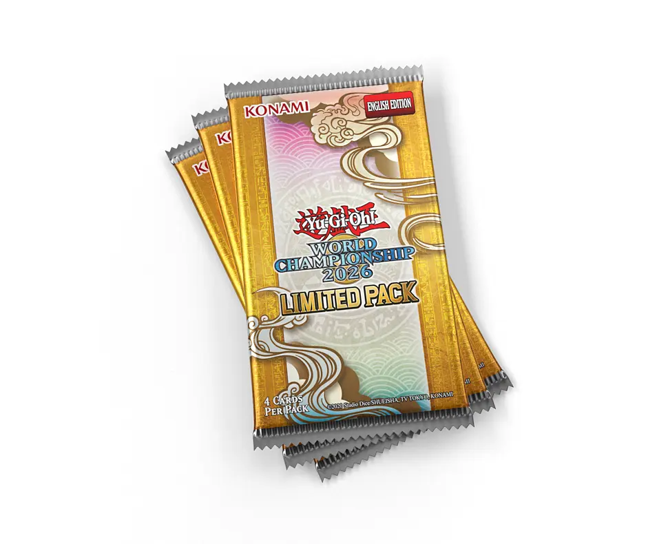 Cutie booster box Yu-Gi-Oh! World Championship 2026 Limited Pack, sigilată, cu artwork-ul oficial al campionatului și logo-ul Konami 3
