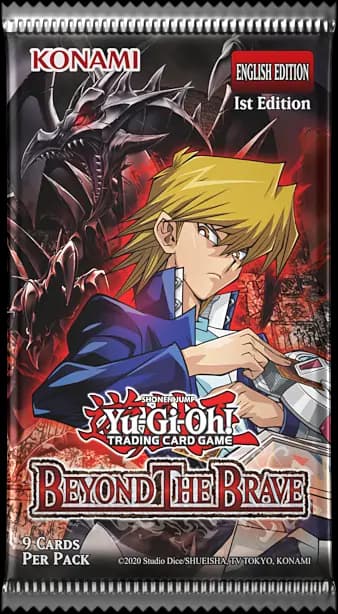 Mai multe pachete booster din expansiunea Yu-Gi-Oh! Beyond the Brave, extrase din display, fiecare cu o ilustrație diferită a unui monstru din set.