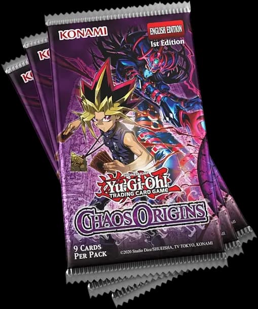 Pachete individuale de cărți din setul Yu-Gi-Oh! Chaos Origins, avându-l pe copertă pe legendarul Yami Yugi