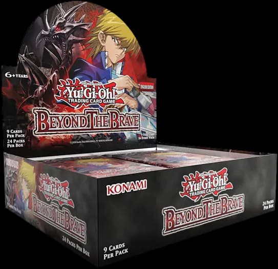 Vedere în perspectivă a cutiei booster display Yu-Gi-Oh! Beyond the Brave, arătând laturile cutiei și conținutul de 24 de pachete menționat pe ambalaj.