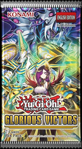 Display box deschis pentru Yu-Gi-Oh! Glorious Victors, arătând cele 24 de pachete booster aranjate ordonat în interior, gata pentru a fi deschise.