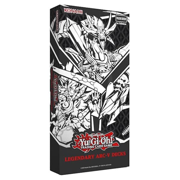 Cutia produsului Yu-Gi-Oh! Legendary Arc-V Decks, ilustrând personajele Yuya, Celina și Yugo alături de monștrii lor emblematici: Odd-Eyes Pendulum Dragon, Lunalight Cat Dancer și Clear Wing Synchro Dragon.