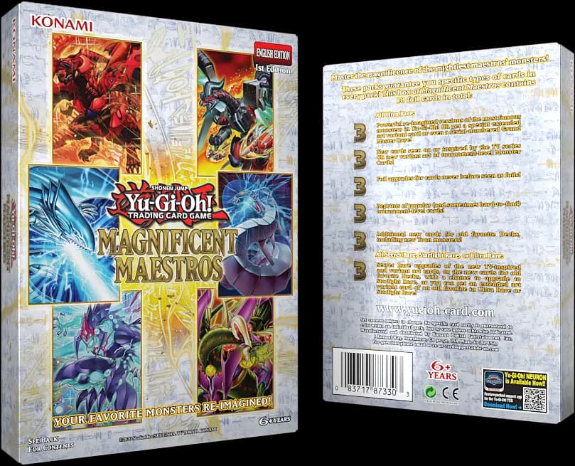 Interiorul cutiei Yu-Gi-Oh! Magnificent Maestros, arătând cele trei pachete booster sigilate și cele trei cărți promoționale Secret Rare vizibile prin celofan.