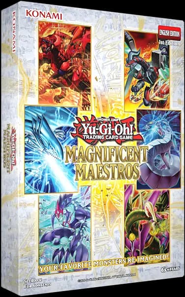 Cutia sigilată a setului Yu-Gi-Oh! Magnificent Maestros, cu un design vibrant ce prezintă monștri emblematici precum Blue-Eyes White Dragon și Red Dragon Archfiend.