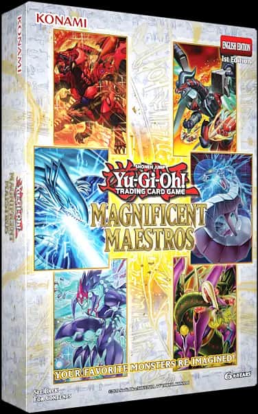 Cutia sigilată a setului Yu-Gi-Oh! Magnificent Maestros, cu un design vibrant ce prezintă monștri emblematici precum Blue-Eyes White Dragon și Red Dragon Archfiend.