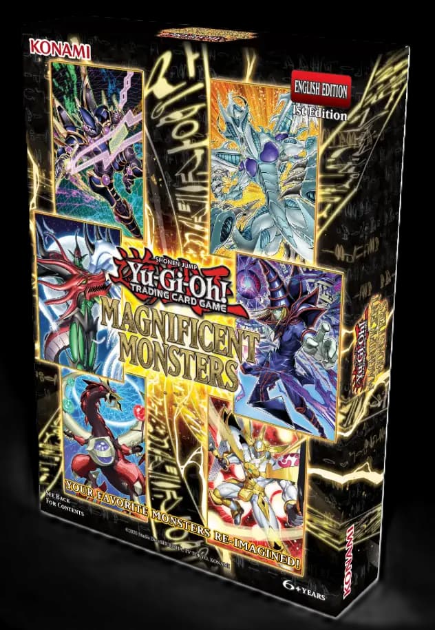 Cutia produsului Yu-Gi-Oh! Magnificent Monsters, prezentând o grafică vibrantă cu monștri emblematici precum Dark Magician și Stardust Dragon pe un fundal cosmic.