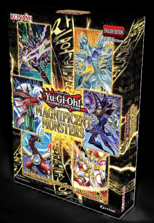 Cutia produsului Yu-Gi-Oh! Magnificent Monsters, prezentând o grafică vibrantă cu monștri emblematici precum Dark Magician și Stardust Dragon pe un fundal cosmic.